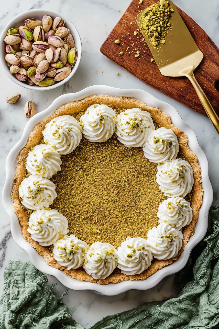 Pistachio Custard Pie, pistachio pie recipe, nutty custard pie, baked pistachio dessert, easy pistachio pie - A close-up view of a pie in a white dish with a thick, golden-brown, crumbly crust around the edge. The pie filling is light green and smooth, topped with a thick ring of white whipped cream swirled in large loops and sprinkled with crushed green nuts. The dish is on a white marbled surface with a small dark brown bowl filled with crushed green nuts nearby. Photo taken with an iphone --ar 2:3 --v 7