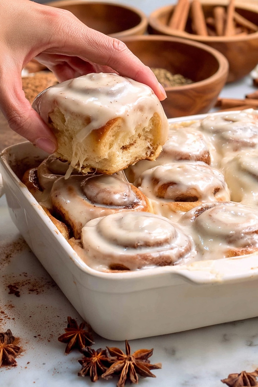 Chai Cinnamon Rolls with Caramel Sauce, chai spice cinnamon rolls, chai caramel roll recipe, spicy cinnamon rolls, caramel chai dessert - A close-up view of a white rectangular dish filled with four soft cinnamon rolls, each covered in thick, creamy icing with a smooth and slightly speckled texture. A woman's hand is lifting one cinnamon roll from the dish, showing the light brown swirled dough underneath the thick icing that drapes over the sides. The cinnamon rolls have a light golden brown color and soft, fluffy texture. In the background on a white marbled surface are small wooden bowls filled with star anise, cinnamon sticks, and ground cinnamon, adding warm, rustic tones to the scene. photo taken with an iphone --ar 2:3 --v 7