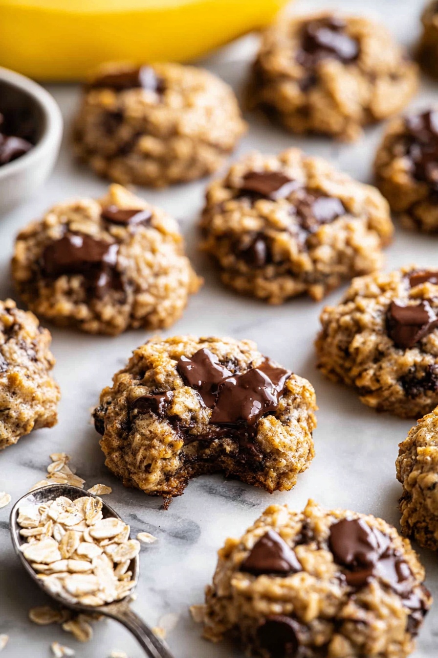 Banana Oatmeal Cookies with Chocolate Chips, healthy banana oatmeal cookies, easy fruit cookies, wholesome oatmeal treats, chocolate chip banana cookies - The image shows a group of round, chunky oatmeal cookies with chocolate chips, arranged in loose rows on a white marbled surface. Each cookie has a rough texture with visible oats and melted dark brown chocolate pieces spread throughout. One cookie in the center is open, showing gooey melted chocolate inside, contrasting with the light brown and tan color of the oats. In the background, a yellow banana is slightly out of focus, and in the front left corner, a metal spoon holds some loose oats. The cookies have a dense, hearty look with slightly uneven shapes. photo taken with an iphone --ar 2:3 --v 7