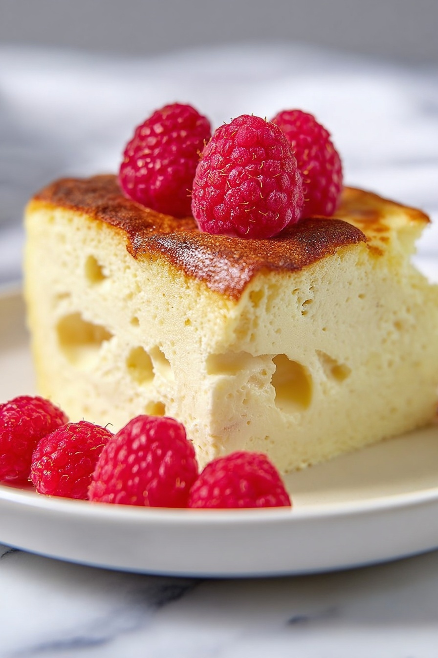 Custard Bread Pudding with Vanilla Sauce, bread pudding recipes, creamy bread pudding, easy dessert recipes, vanilla sauce dessert - A thick, square slice of light yellow custard cake with a slightly browned top layer sits on a white plate. The cake shows a soft, airy texture with small holes and swirls inside. On top of the cake are several bright red raspberries with a textured surface. Around the base of the cake on the plate are a few more raspberries. The plate is set on a white marbled surface. photo taken with an iphone --ar 2:3 --v 7