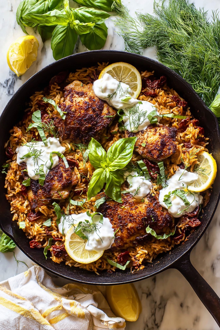 Skillet Tzatziki Chicken with Orzo, Greek chicken skillet, easy Mediterranean chicken, flavorful chicken and orzo, healthy chicken dinner - A black cast iron pan holds a dish with four browned chicken pieces placed on top of a layer of golden-brown cooked rice mixed with small pieces of sun-dried tomatoes. The rice layer has a slightly oily and textured look, with some herbs scattered throughout. White creamy sauce is dotted over the chicken and rice in small dollops. Fresh green basil leaves are placed on top of the chicken and rice, along with slices of yellow lemon positioned near the chicken. The pan rests on a white marbled surface with fresh basil and dill sprigs around it, and a white cloth with yellow stripes partially visible beneath the pan handle. Photo taken with an iphone --ar 2:3 --v 7
