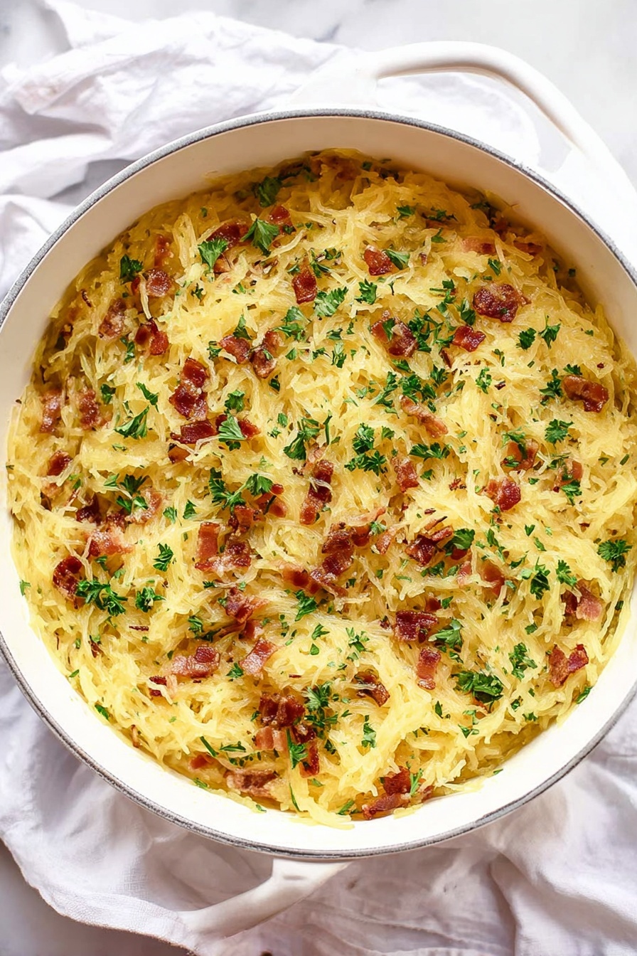 Spaghetti Squash Carbonara, healthy spaghetti squash recipes, low-carb veggie pasta dishes, light carbonara with spaghetti squash, easy vegetarian pasta ideas - The image shows a close-up of a creamy spaghetti squash dish in a white bowl with visible strands of golden yellow squash mixed with small pieces of brown bacon. The top layer is covered with melted light yellow cheese and sprinkled with chopped green parsley. A silver fork, held by a woman's hand at the upper right corner, is twirling the strands of squash and cheese, creating a textured and tangled appearance. The background is a white marbled surface. Photo taken with an iphone --ar 2:3 --v 7