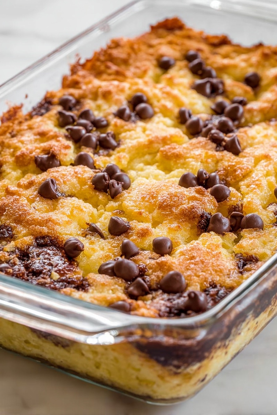 Chocolate Croissant Breakfast Bake, indulgent breakfast casserole, holiday brunch recipes, easy breakfast baking, chocolate croissant casserole - A glass baking dish filled with a baked dessert that has a golden brown, textured top layer with uneven peaks and edges. Scattered on the surface are many semi-melted dark brown chocolate chips, creating contrast with the lighter yellowish-golden crust. The sides of the dish reveal a slightly gooey, darker under layer peeking through, while the top has a crispy, bubbly look. The whole dish sits on a white marbled surface. photo taken with an iphone --ar 2:3 --v 7