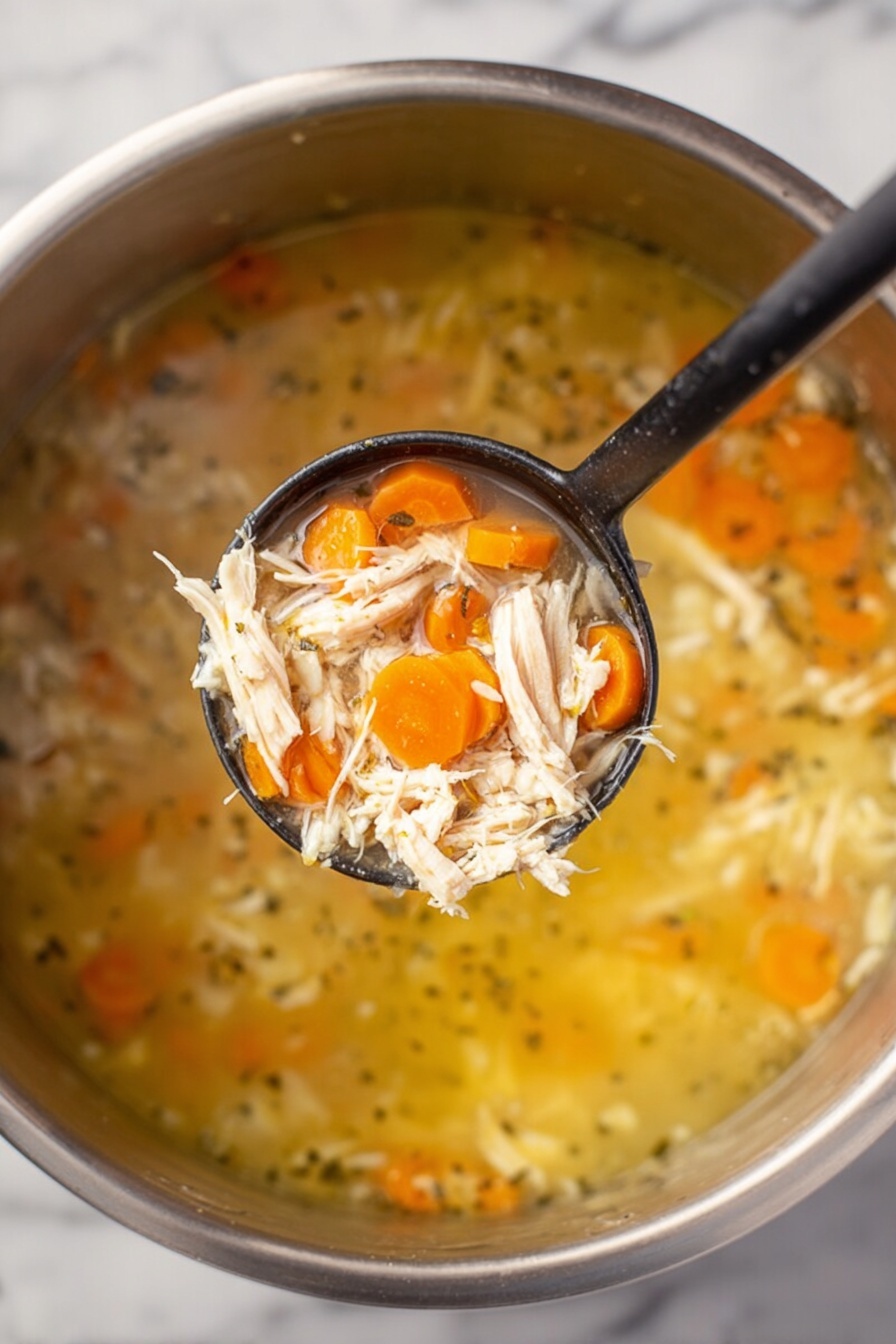 Lemon Chicken Soup, Lemon Chicken Soup recipe, healthy lemon chicken soup, easy lemon chicken soup, comforting lemon chicken soup - A black ladle holding a scoop of soup with shredded pale chicken pieces and bright orange carrot slices over a pot of broth with more shredded chicken and carrot pieces floating in it. The broth is clear light yellow with small bits of chicken and carrots spread throughout, inside a stainless steel pot, all set on a white marbled surface. Photo taken with an iphone --ar 2:3 --v 7