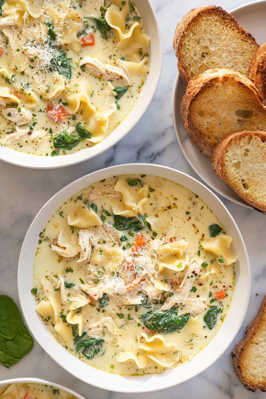 White Lasagna Soup, creamy white lasagna soup, Italian lasagna soup, easy lasagna soup, comforting soup recipes - The image shows two white bowls filled with a creamy soup that has wide, curly-edged pasta, shredded chicken, spinach leaves, small pieces of orange carrot, and a sprinkle of grated cheese on top. The soup is thick and light yellow in color with flecks of herbs throughout. To the right side of the bowls, there are slices of toasted bread with a golden crust placed on a white marbled surface. The overall scene is bright with soft natural lighting emphasizing the texture of the soup and bread. photo taken with an iphone --ar 2:3 --v 7