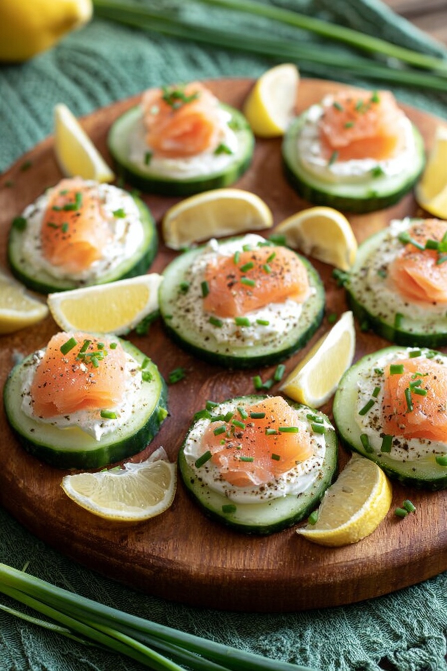 Cucumber Smoked Salmon Bites, smoked salmon appetizers, easy finger foods with smoked salmon, healthy seafood appetizers, quick party appetizers - The image shows small appetizers made of three layers: the bottom layer is a round cucumber slice with a dark green edge and pale green inside, the middle layer is a soft white cream spread evenly on the cucumber with some small spices and lemon zest sprinkled on top, and the top layer is a thin folded slice of light orange smoked salmon placed neatly on each cucumber piece. Small green herb pieces are scattered over the salmon and cream layers. The appetizers are closely arranged on a white plate, all set against a white marbled surface. photo taken with an iphone --ar 2:3 --v 7
