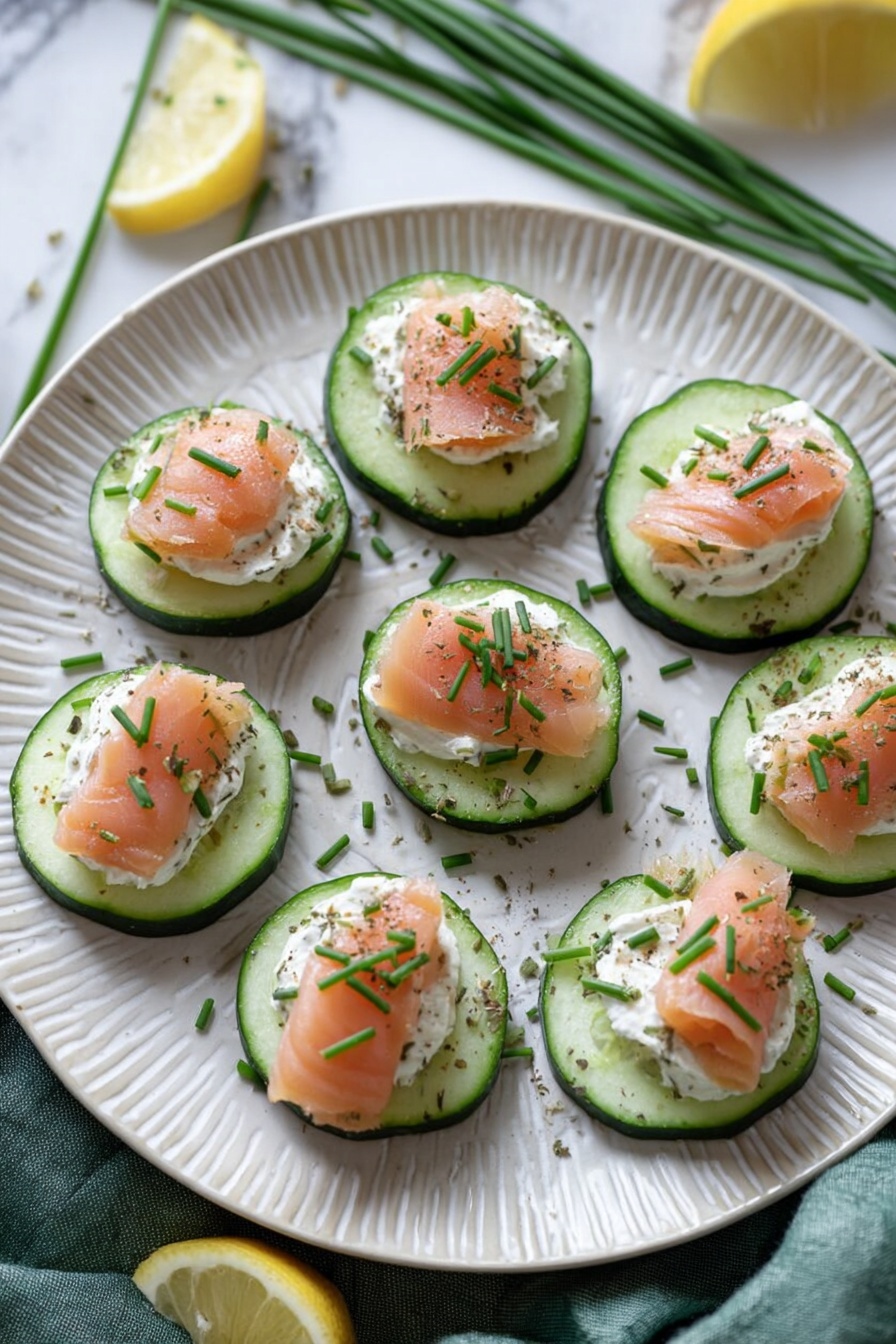Cucumber Smoked Salmon Bites, smoked salmon appetizers, easy finger foods with smoked salmon, healthy seafood appetizers, quick party appetizers - This image shows eight cucumber slices arranged in a circle on a white textured plate. Each cucumber slice forms the base layer, dark green on the outside and pale green in the middle. On top of each slice is a thick layer of white creamy spread, smooth and soft in texture. Small pieces of light pink smoked salmon are laid over the spread on every slice, each piece slightly folded and garnished with finely chopped green chives and a little black pepper. The plate is set on a white marbled surface with some scattered fresh green chives and lemon wedges placed around the plate. A green cloth napkin is softly draped in the background. Photo taken with an iphone --ar 2:3 --v 7