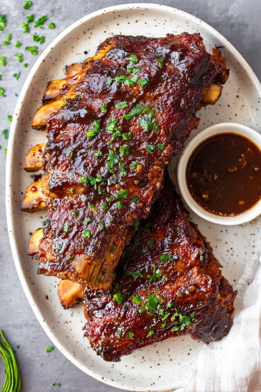 Crockpot Ribs, easy slow cooker ribs, tender fall-off-the-bone ribs, flavorful crockpot ribs recipe, simple ribs in slow cooker - A white plate with several pieces of ribs covered in a shiny, dark brown barbecue sauce, sprinkled with small green herb pieces. One piece is being held by a woman's hand on the right side, showing its inside texture where the meat looks soft and tender with a caramelized surface. A small white bowl with more sauce is located near the ribs on the right side. The background is a blurred white marbled surface. Photo taken with an iphone --ar 2:3 --v 7