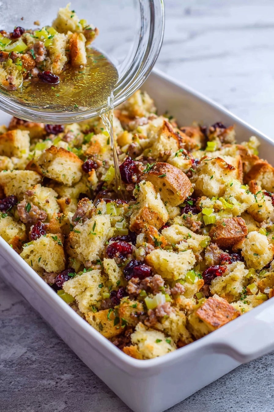 Sausage and Herb Stuffing with Cranberries, savory sausage stuffing recipe, holiday stuffing with cranberries, herb and sausage bread stuffing, festive bread stuffing - A white rectangular baking dish filled with a mixture of light golden bread pieces, green celery bits, small pieces of cooked sausage, and dark red dried cranberries. The mixture has a crumbly texture with some moist chunks, and green herbs are scattered throughout. A clear glass bowl is tilted above the dish, pouring the mixture in. The background is a white marbled surface. Photo taken with an iphone --ar 2:3 --v 7