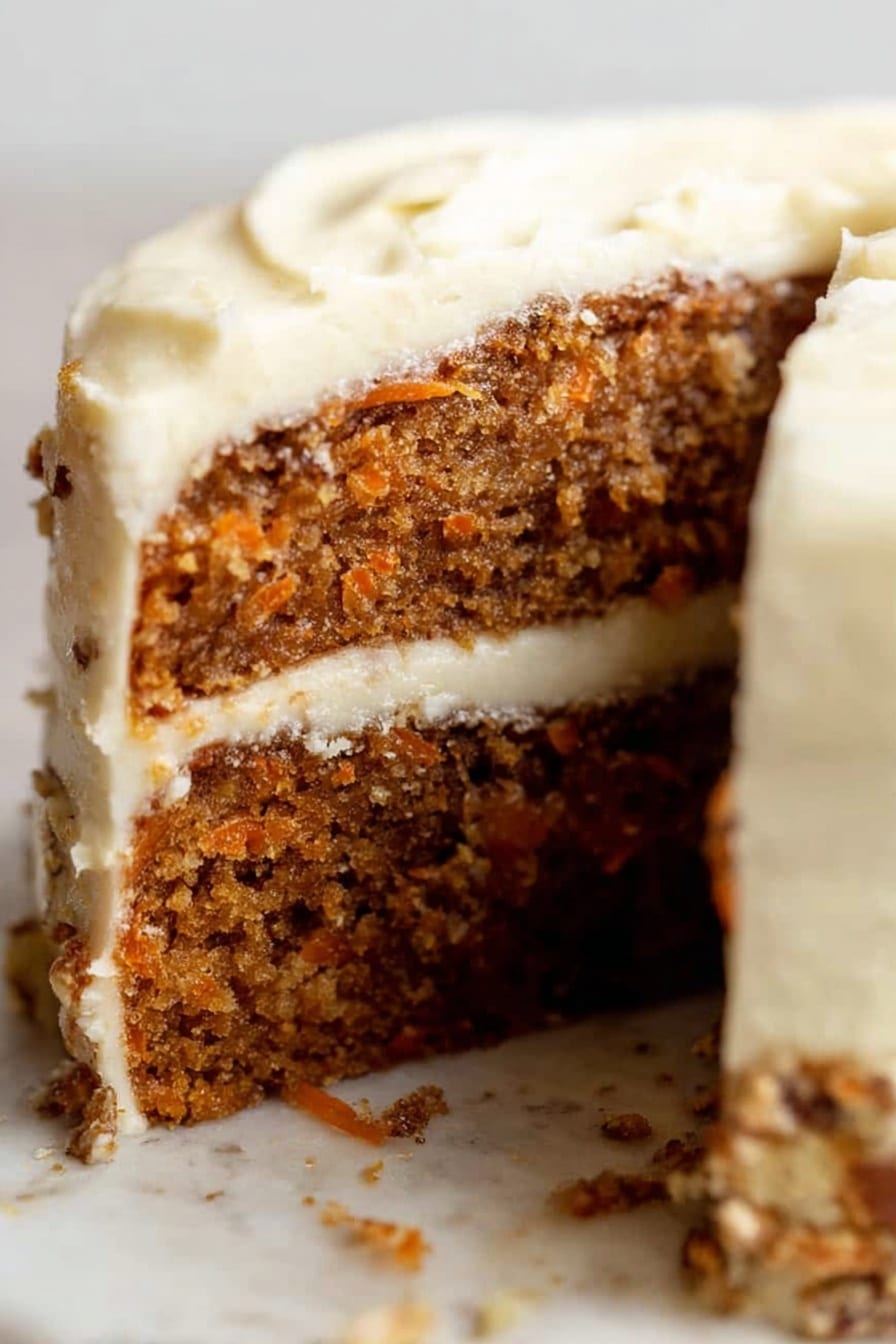 Classic Carrot Cake with Cream Cheese Frosting, moist carrot cake recipe, easy carrot cake, homemade carrot cake, best carrot cake frosting - A two-layer carrot cake with thick layers of creamy white frosting between and around the cake layers. The carrot cake is brown with visible bits of carrot and nuts, showing a moist texture. The top layer of white frosting is smooth and slightly textured, wrapping around the edges of the cake. The cake is resting on a white marbled surface, with a slice missing, showing the inside clearly. Photo taken with an iphone --ar 2:3 --v 7