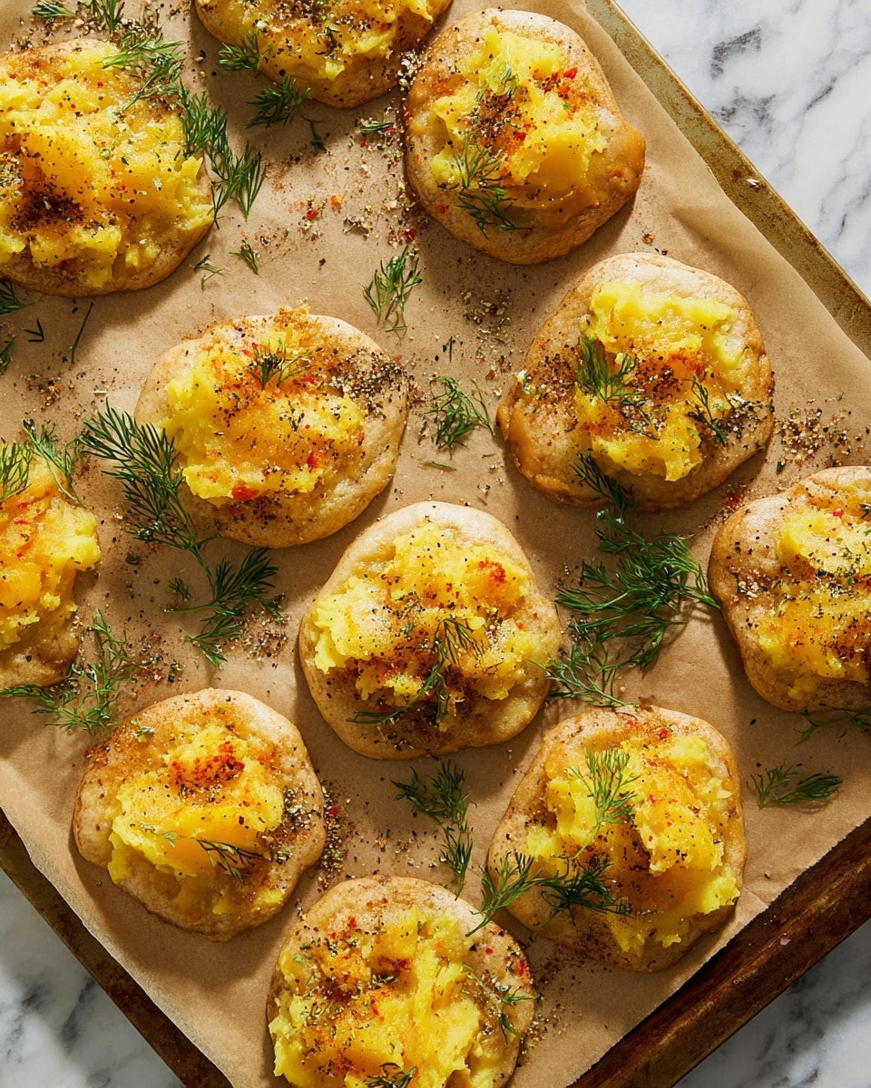Smashed Potatoes with Garlic Paprika and Fresh Herbs, crispy smashed potatoes, flavorful potato side dish, garlic and herb smashed potatoes, easy baked potato recipes - The image shows a baking tray lined with light brown parchment paper, on which there are 14 small round pieces of dough, each topped with mashed yellow potatoes. Each piece has a thin drizzle of golden honey or syrup, sprinkled with black pepper and red seasoning, and garnished with small green dill leaves. The dough is light beige and slightly spread out beneath the yellow potatoes, which have a rough, chunky texture. The tray and food are set on a white marbled surface, and the lighting is bright and natural. Photo taken with an iphone --ar 2:3 --v 7