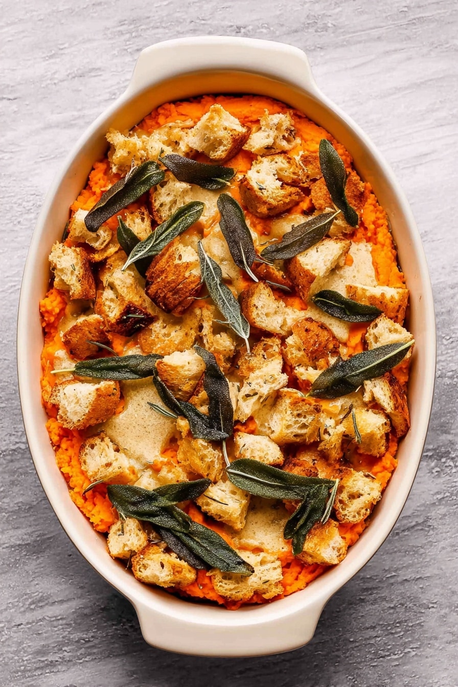 Savory Sweet Potato Casserole with Sage and Parmesan, sweet potato casserole with sage and Parmesan, savory sweet potato bake, roasted sweet potato side dish, comforting sweet potato recipes - The image shows a white oval dish filled with a smooth, bright orange layer of mashed sweet potatoes topped with a layer of golden-brown, toasted bread chunks scattered unevenly across the surface. Mixed among the bread pieces are dark green, slightly crispy sage leaves. A metal spoon with a wooden handle rests on the edge of the dish, scooping some of the soft sweet potato layer. The dish is placed on a white marbled surface. photo taken with an iphone --ar 2:3 --v 7