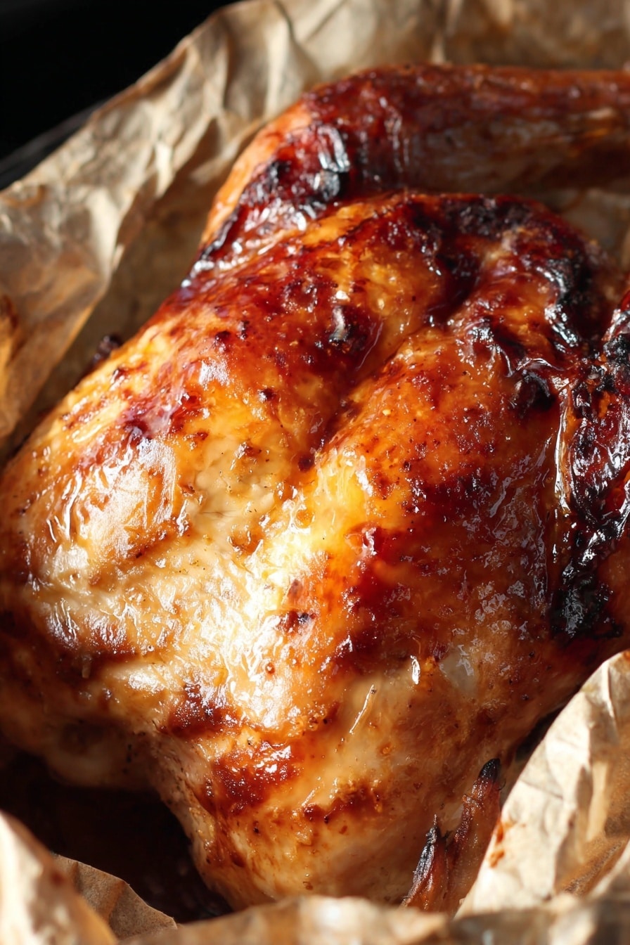 Best Thanksgiving Turkey, Thanksgiving turkey recipe, Juicy turkey, Crispy turkey skin, Holiday turkey ideas - The image shows a close-up of a roasted chicken with a shiny, golden-brown skin that has areas of darker caramelized spots, giving a crispy texture. The chicken is partially wrapped in translucent baking paper that has some browning and slight grease marks. The background is dark, which contrasts with the bright, glossy surface of the chicken skin, highlighting its juicy and well-roasted appearance. photo taken with an iphone --ar 2:3 --v 7