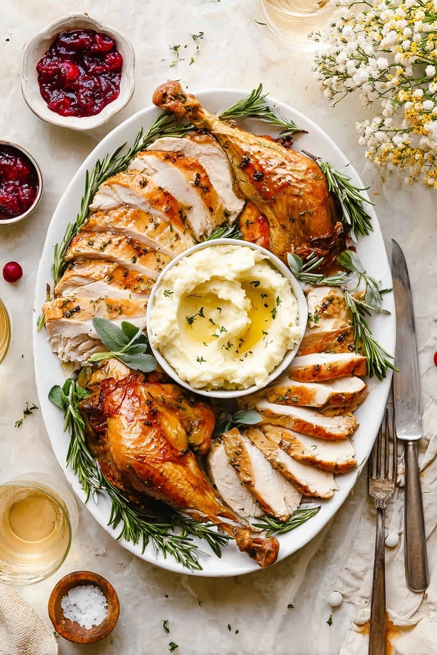 Roasted Herb Butter Turkey, Herb Butter Turkey, Juicy Roast Turkey, Easy Turkey Roast, Holiday Turkey - A white scalloped plate holds layers of golden roasted turkey slices arranged in a semi-circle across the top and left side, showing a juicy texture with a light glaze. In the center right, there is a small round bowl filled with creamy white mashed potatoes drizzled lightly with olive oil and sprinkled with herbs. At the bottom right part of the plate, a darker roasted turkey leg rests beside sprigs of fresh green rosemary and thyme, adding green contrast. The plate sits on a white marbled surface with soft natural light enhancing the warm and inviting colors. Photo taken with an iphone --ar 2:3 --v 7
