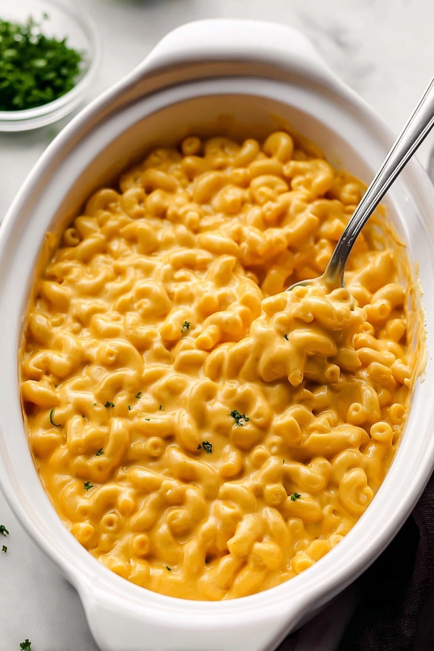 Crock Pot Mac and Cheese, easy crock pot recipes, cheesy comfort food, slow cooker mac and cheese, kid-friendly dinner ideas - A white oval dish filled with creamy macaroni and cheese, showing one main layer of small elbow pasta coated in a thick, smooth, bright orange cheese sauce. A silver spoon is partly submerged on the right side, lifting some macaroni, with the cheese sauce clinging softly to the pasta and spoon. The dish sits on a white marbled surface, and some chopped green herbs are blurred in a bowl in the top left corner, adding a fresh contrast. Photo taken with an iphone --ar 2:3 --v 7