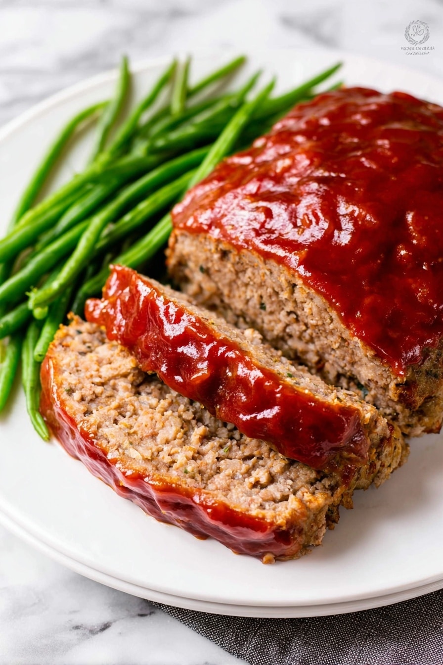 Crockpot Meatloaf with Parmesan and Sweet Glaze, easy slow cooker meatloaf, moist comfort food recipes, Parmesan meatloaf dinner, simple crockpot recipes - A white plate holds a meatloaf with a glossy, shiny red sauce spread thickly on top, covering the entire top layer. The meatloaf is sliced in the front, showing two cut layers underneath the sauce. To the sides of the meatloaf are bright green, thin green beans arranged in small bunches. The plate sits on a white marbled surface. photo taken with an iphone --ar 2:3 --v 7
