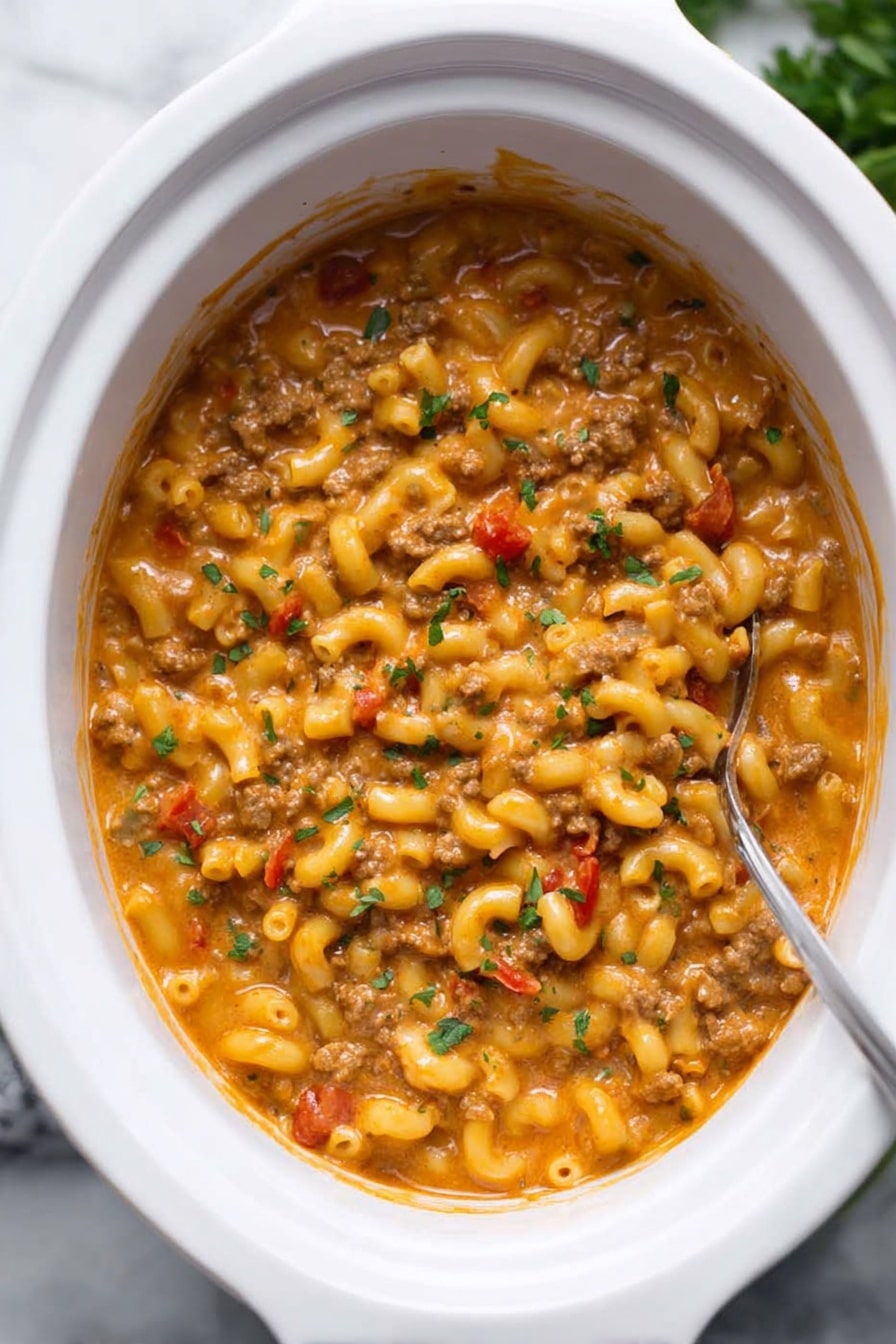 Healthier Slow Cooker Hamburger Helper, homemade Hamburger Helper, easy slow cooker dinner, wholesome comfort food, homemade beef pasta - A close-up view of a creamy macaroni dish in a white bowl on a white marbled surface, showing about two layers of elbow macaroni pasta and ground meat mixed in a thick, orange-colored sauce with small pieces of red bell pepper and bits of herbs sprinkled on top, giving texture and color contrast with green specks scattered throughout; a silver spoon rests inside the bowl. photo taken with an iphone --ar 2:3 --v 7