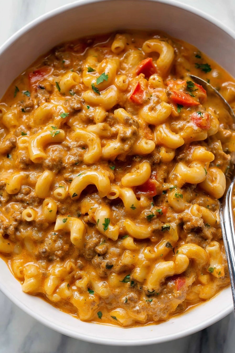 Healthier Slow Cooker Hamburger Helper, homemade Hamburger Helper, easy slow cooker dinner, wholesome comfort food, homemade beef pasta - A close-up view of a white crockpot filled with creamy macaroni pasta in a thick orange-colored sauce. The dish has soft elbow macaroni pieces mixed evenly with ground meat and small bits of red vegetables, all coated in the sauce. The top surface is sprinkled with chopped green herbs, adding a fresh touch. A metal spoon rests inside the crockpot on the right side, partially submerged in the pasta mixture. The pot sits on a white marbled surface with some green leaves softly visible in the upper right corner. photo taken with an iphone --ar 2:3 --v 7