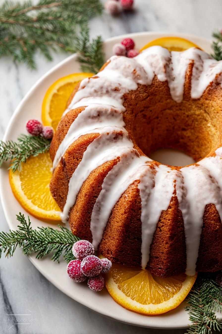 Cranberry Orange Bundt Cake, Cranberry Orange Cake, Orange Bundt Cake with Cranberries, Holiday Cranberry Cake, Moist Citrus Cranberry Cake - A single-layer bundt cake with a golden brown color and smooth texture is shown on a white plate. The cake is drizzled with white icing that flows down the ridges. Around the cake on the plate are fresh orange slices, small red sugared berries, and green fir branches for decoration. The setting is on a white marbled surface. photo taken with an iphone --ar 2:3 --v 7