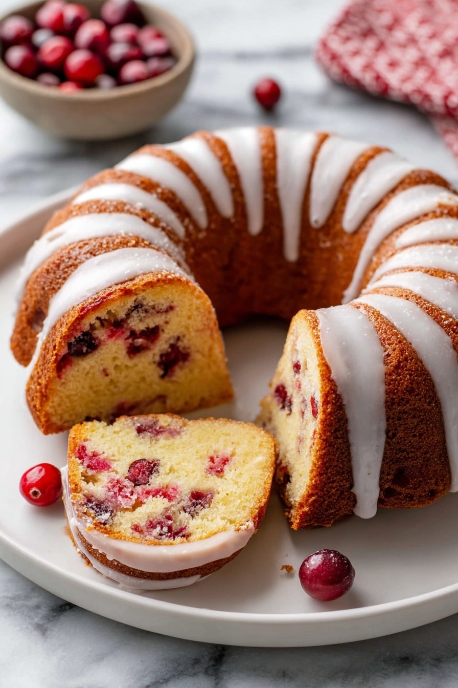 Cranberry Orange Bundt Cake, Cranberry Orange Cake, Orange Bundt Cake with Cranberries, Holiday Cranberry Cake, Moist Citrus Cranberry Cake - A close-up view of a single slice of bundt cake held on a cake server above a white plate. The cake has one thick layer with a soft, golden yellow crumb mixed with bright red berries and brown cinnamon swirl spots. The outside has a light brown crust, and the top is covered with a smooth white glaze that drips down the sides. In the background, the rest of the round bundt cake with matching glaze is visible on the white plate, which sits on a white marbled surface with a light pink cloth nearby. Photo taken with an iphone --ar 2:3 --v 7