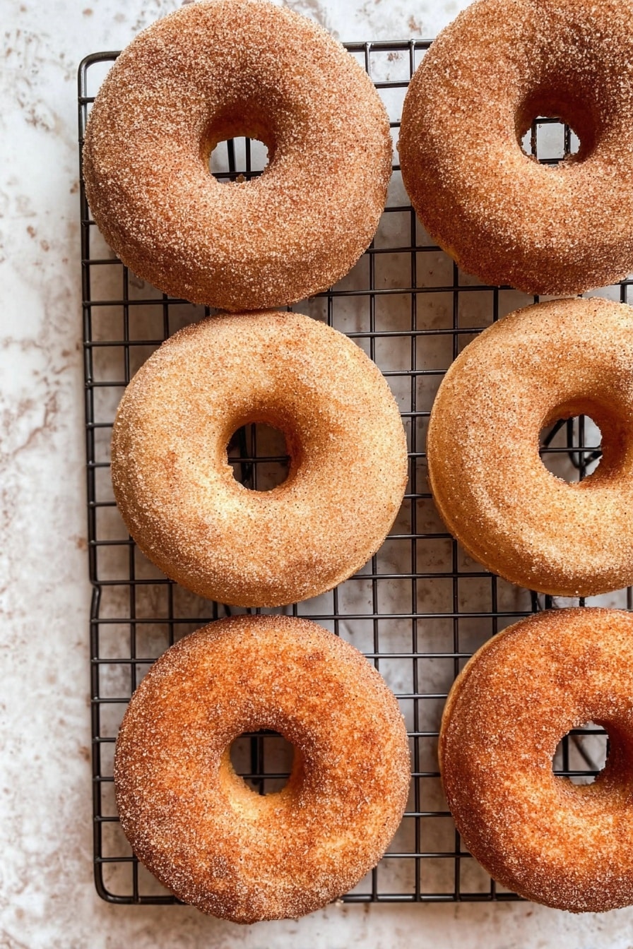 Cinnamon Sugar Doughnuts, homemade doughnuts, fluffy cinnamon donuts, soft baked doughnuts, easy cinnamon sugar treat - The image shows seven round donuts with a hole in the middle, all covered in a light layer of brown sugar and cinnamon. They are placed on a black wire cooling rack. One donut at the bottom right has a bite taken out of it. At the top right corner, there is a small metal bowl filled with more cinnamon sugar, and resting on the bowl is a wooden brush with light bristles. The background surface is a white marbled texture photo taken with an iphone --ar 2:3 --v 7