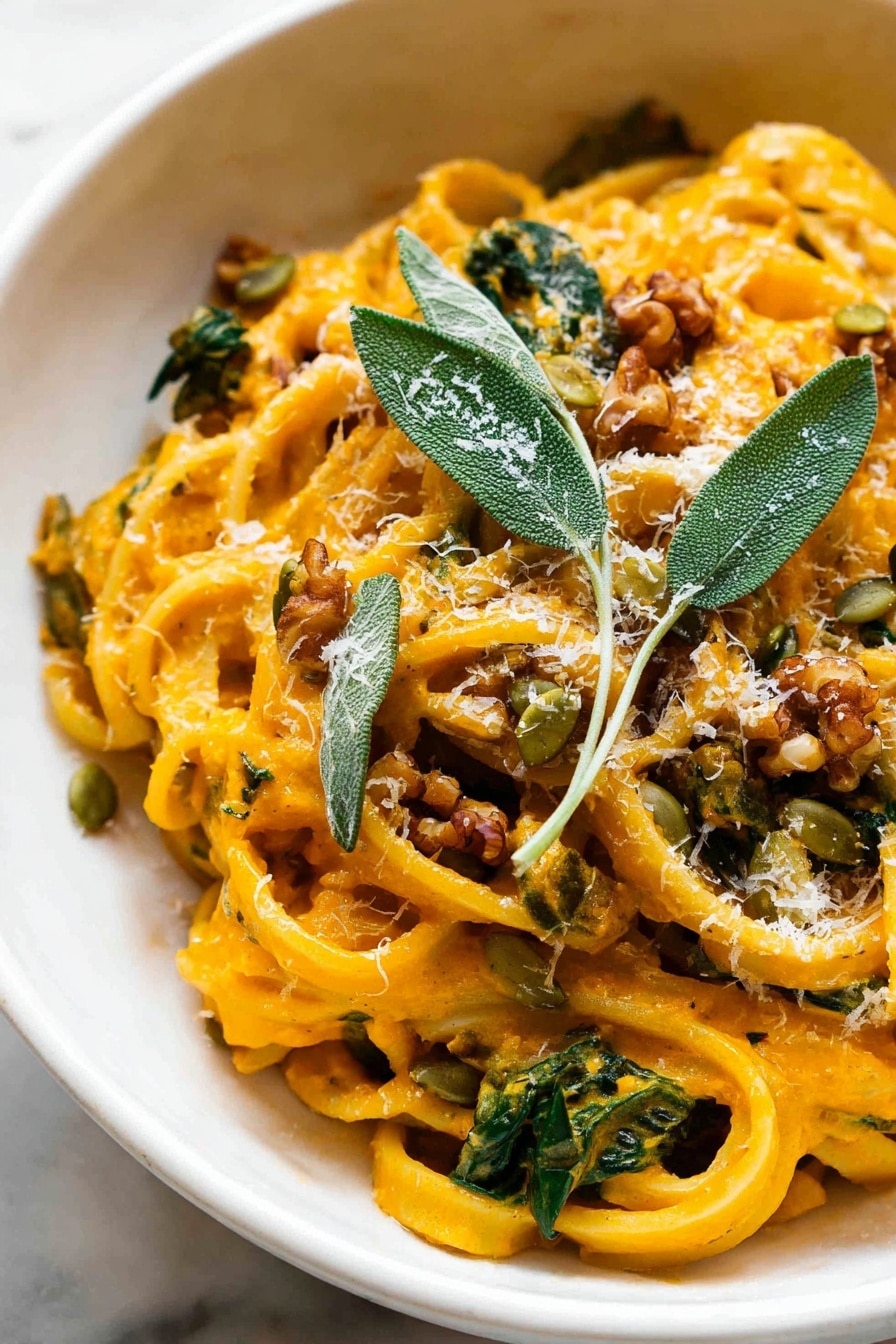 Pumpkin Pasta, best pumpkin pasta, easy pumpkin pasta recipe, hearty autumn pasta, creamy pumpkin pasta - This image shows a white bowl filled with three layers of thick, yellowish pasta noodles coated in a creamy orange sauce. On top of the pasta are scattered pieces of green wilted spinach, small brown walnut chunks, green pumpkin seeds, and a light sprinkling of grated cheese. Bright green fresh sage leaves are placed as garnish, adding a touch of freshness and texture. Everything sits on a white marbled surface, with the close-up showing the creamy texture of the sauce and detailed toppings. Photo taken with an iphone --ar 2:3 --v 7