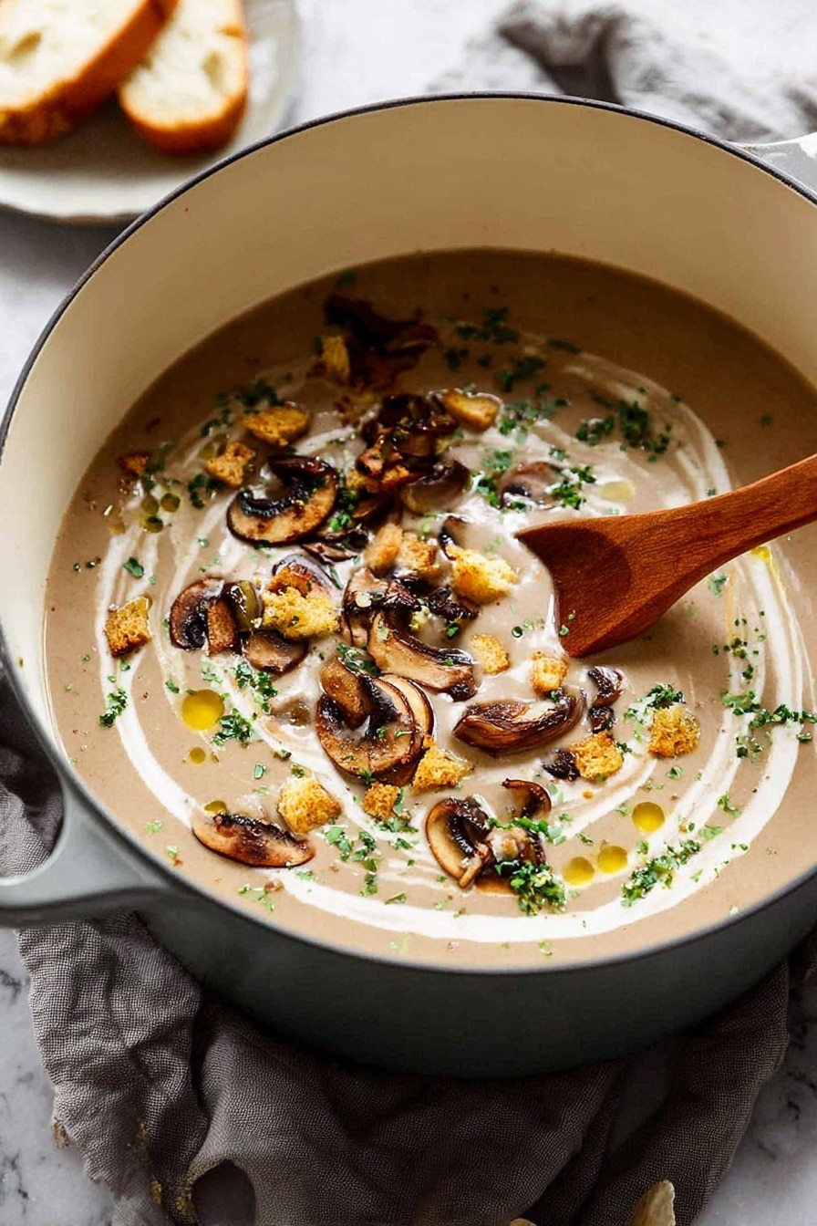 Creamy Mushroom Soup with Croutons and Fresh Herbs, mushroom soup recipe, creamy mushroom soup, homemade croutons, mushroom and herb soup - A light brown creamy soup fills a white pot, topped with thin dark brown mushroom slices, small golden brown croutons, and bright green fresh herbs scattered across the surface. Light swirls of white cream and a few small drops of golden oil add texture on top. A wooden spoon rests inside the pot, partially submerged in the soup, all placed on a soft gray cloth over a white marbled surface. In the blurry background, a slice of bread and butter on a white plate can be seen. Photo taken with an iphone --ar 2:3 --v 7