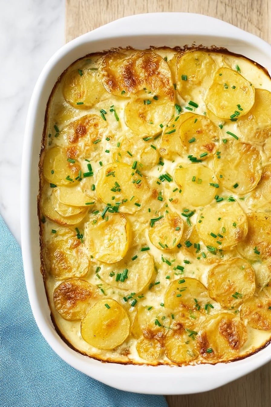 Vegan Scalloped Potatoes, dairy-free scalloped potatoes, vegan potato casserole, plant-based scalloped potatoes, vegan creamy potato side dish - The image shows a white baking dish filled with a layered potato casserole. The dish has one main layer composed of thin, round slices of golden-yellow potatoes lightly browned on top, giving a slightly crispy texture. The potatoes are embedded in a creamy, pale yellow sauce that fills the spaces in between, creating a soft and smooth background. Small green chives are sprinkled evenly across the top, adding bright color contrast. The dish is placed on a white marbled surface with part of a light blue cloth visible on the left side. photo taken with an iphone --ar 2:3 --v 7