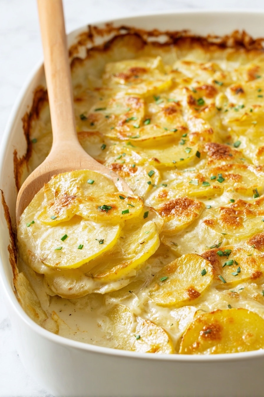 Vegan Scalloped Potatoes, dairy-free scalloped potatoes, vegan potato casserole, plant-based scalloped potatoes, vegan creamy potato side dish - A close-up view of a wooden spoon lifting a layered potato dish from a white bowl sitting on a white marbled surface. The dish has several layers of thin potato slices, each with a golden-brown crispy edge and creamy pale yellow sauce between them. Small green chopped herbs are sprinkled on the potatoes, adding a touch of color. The texture looks soft and creamy inside, with a slightly crunchy top layer. photo taken with an iphone --ar 2:3 --v 7