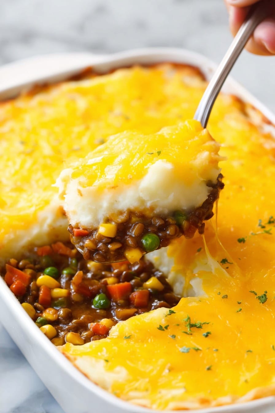 Lentil Shepherd’s Pie with Cheesy Mashed Potatoes, vegetarian shepherd's pie, plant-based shepherd’s pie recipe, vegan comfort food, hearty Lentil Shepherd’s Pie - The dish is a layered casserole in a white dish, with three clear layers. The top layer is bright yellow melted cheese, covering the entire surface smoothly. Below this is a thick white layer of mashed potatoes, soft and creamy in texture. The bottom layer is a rich mix of lentils, corn, green peas, and diced carrots, all in a thick, brown sauce. A spoon is lifting a portion, showing the distinct layers, and a woman's hand holds the spoon from the right side. The dish is set on a white marbled surface. Photo taken with an iphone --ar 2:3 --v 7