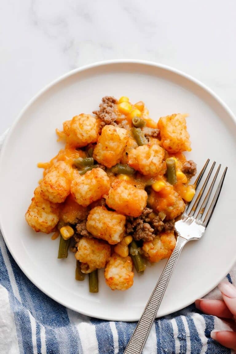 Vegan Tater Tot Casserole with Impossible Beef, Mushrooms, and Veggie Topping Recipe