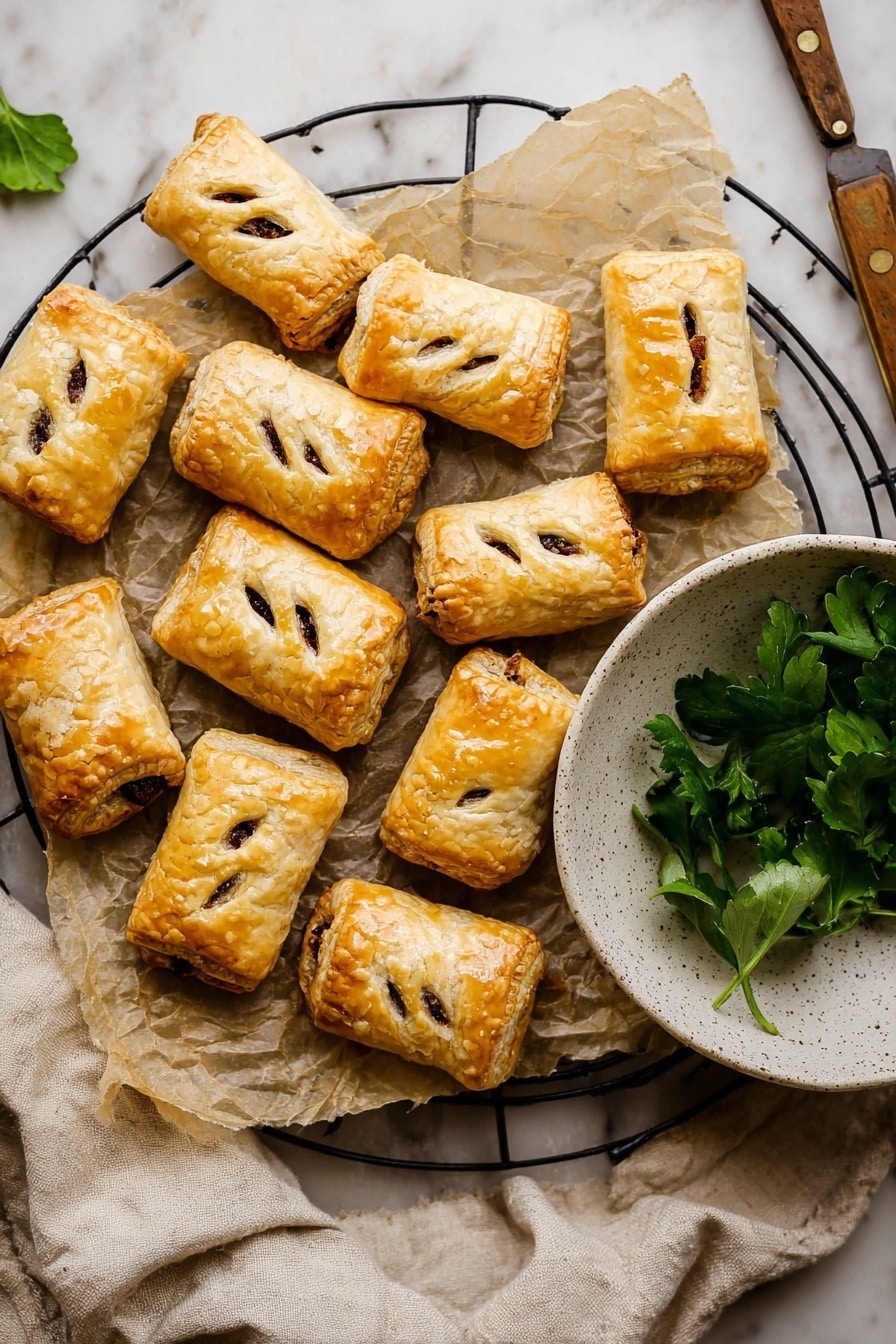 Vegan Sausage Rolls, vegan sausage rolls recipe, plant-based sausage rolls, dairy-free sausage rolls, easy vegan snack - This image shows about fifteen small golden-brown puff pastries placed on crinkled parchment paper, arranged on a round black wire rack. Each pastry is rectangular with three small slits on top, revealing a dark filling inside. To the right of the pastries, there is a small white speckled bowl filled with fresh green parsley leaves. The background is a white marbled surface, and a wooden-handled knife is partially visible at the top right corner. A bit of a beige cloth is under the wire rack. Photo taken with an iphone --ar 2:3 --v 7