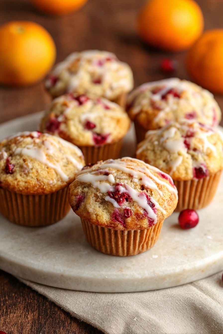 Cranberry Orange Muffins with Orange Glaze, festive muffin recipes, citrus breakfast muffins, easy cranberry muffin recipe, moist orange muffin goodness - A close-up view of several golden yellow muffins with a soft, crumbly texture, each baked in white paper liners. The muffins have bright red cranberry pieces visible on the surface and inside, with some darker berries mixed within the moist interior. One broken muffin sits in the foreground, showing its fluffy inside and juicy, colorful berry bits. The muffins rest on a smooth, white marbled surface with a few fresh whole cranberries scattered around them. Photo taken with an iphone --ar 2:3 --v 7