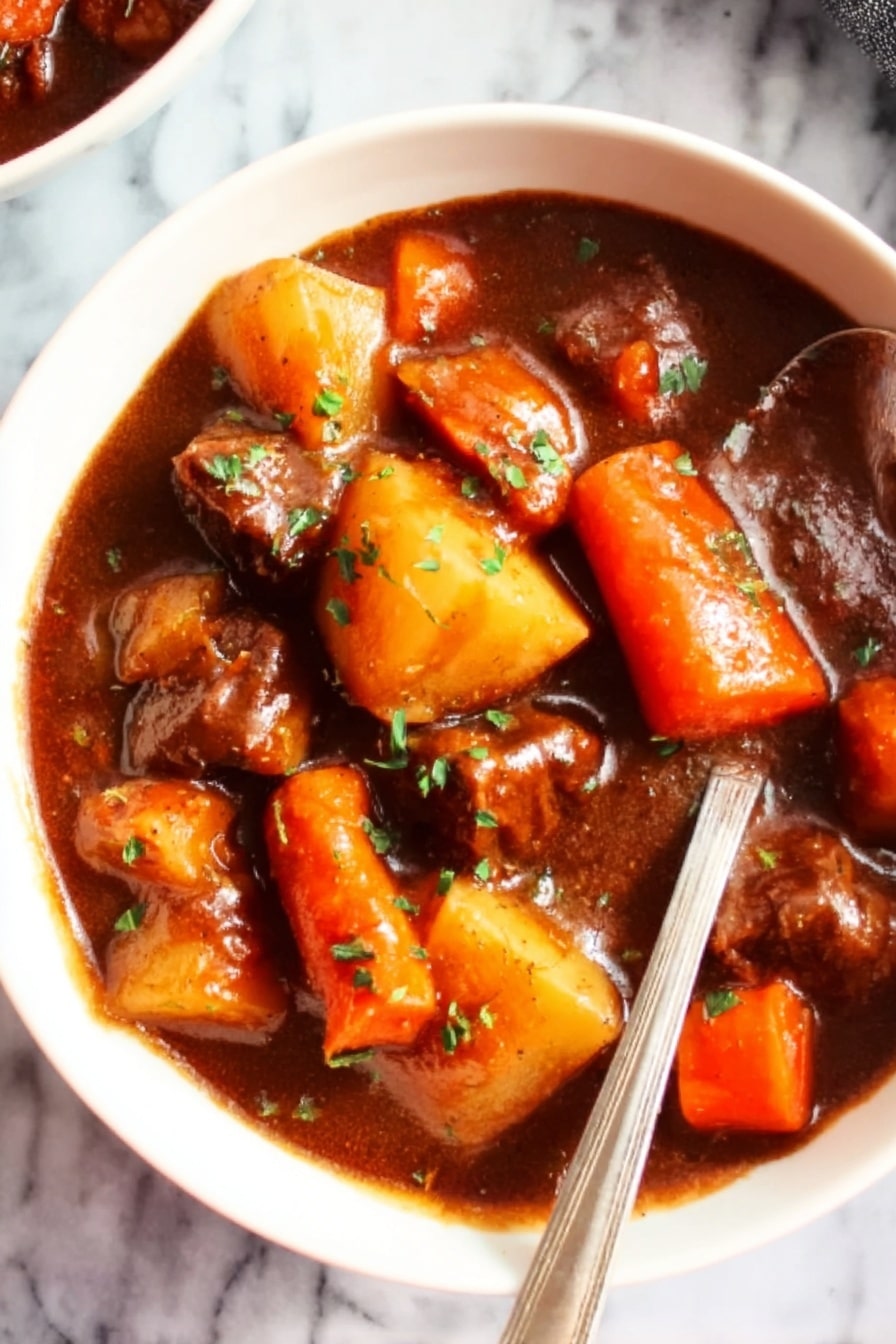 Vegan Irish Stew, hearty vegan stew, plant-based Irish stew, vegan comfort food, Irish stew with vegetables - A white bowl filled with thick beef stew, showing chunks of tender brown beef, large pieces of orange carrots, and big white potato pieces all mixed in a rich dark brown gravy. Small green herbs are sprinkled on top, adding contrast. A spoon is resting in the bowl, and the bowl sits on a white marbled surface. photo taken with an iphone --ar 2:3 --v 7