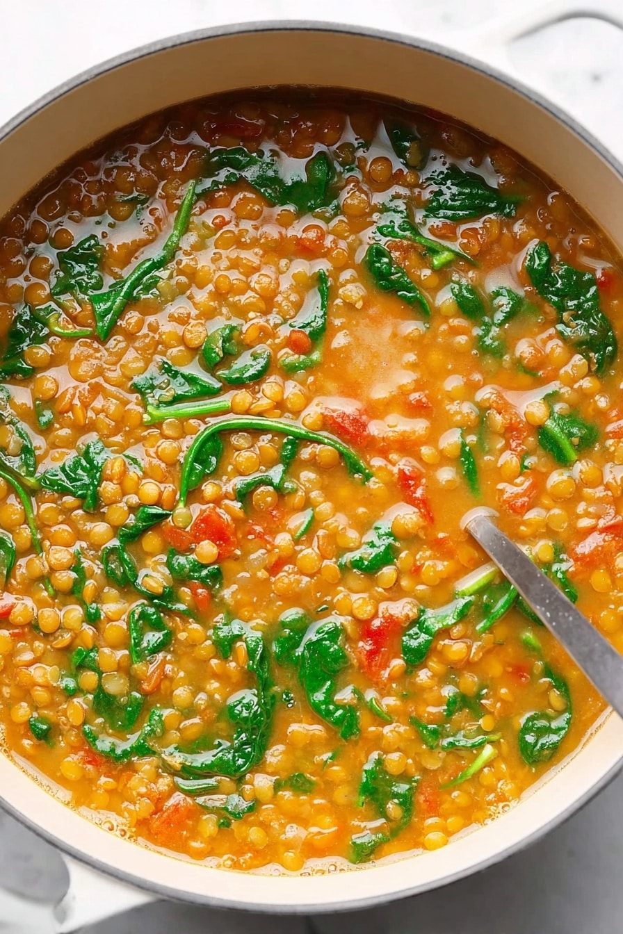 The Best Lentil Soup, hearty lentil soup, easy lentil soup recipe, healthy lentil soup, cozy comfort food - A close-up view of a white pot filled with lentil soup, showing many small light brown lentils spread throughout a light orange broth. Bright green spinach leaves are scattered all over, adding color and texture. Small pieces of red tomatoes and orange carrot bits are mixed in, giving more color contrast. The broth looks smooth with some bubbles around the edges. A silver spoon is partially visible on the right side, placed inside the soup. The pot sits on a white marbled surface. Photo taken with an iphone --ar 2:3 --v 7