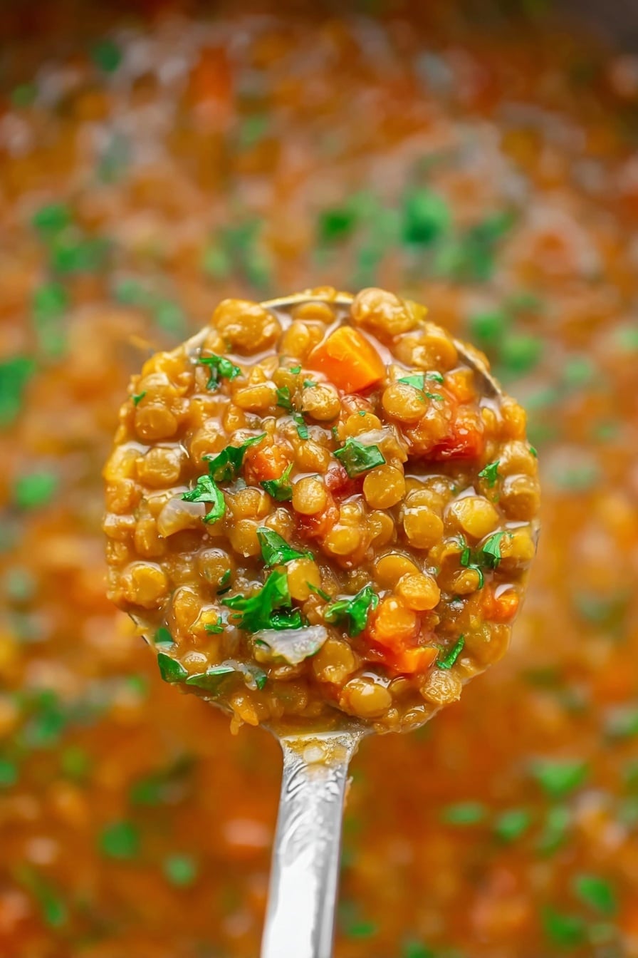 The Best Lentil Soup, hearty lentil soup, easy lentil soup recipe, healthy lentil soup, cozy comfort food - A close-up of a ladle full of cooked lentils mixed with small pieces of orange carrots and finely chopped onions in a thick orange-brown broth, sprinkled with small green herb leaves, held above a white marbled surface with more lentil stew visible underneath, showing a soft, chunky texture with vibrant green, orange, and brown colors, photo taken with an iphone --ar 2:3 --v 7
