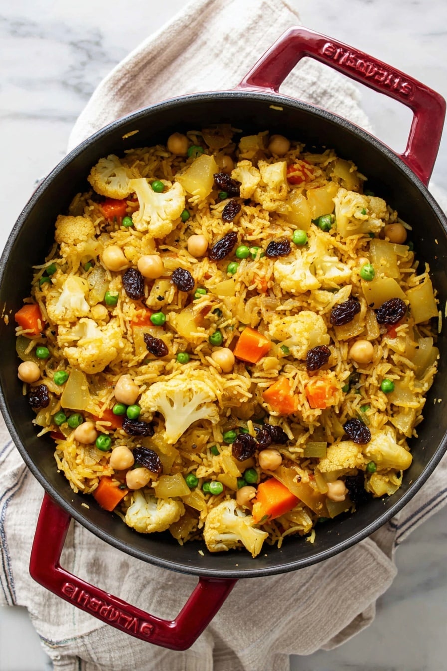 Easy Vegan Biryani, vegan biryani recipe, plant-based biryani, vegetarian Indian biryani, healthy vegan dinner - A black round cast iron pot with red handles is full of a colorful mix of cooked rice and vegetables. The dish has three main layers: the bottom and middle layers are mixed with yellowish rice grains that look soft and fluffy, dotted with green peas, chunky light orange carrot slices, yellow potato pieces, cauliflower florets, and beige chickpeas. The top layer has more whole vegetables and dark raisins scattered around, adding texture and color contrast. The pot sits on a white marbled surface with a white and beige striped cloth beneath it. Photo taken with an iphone --ar 2:3 --v 7