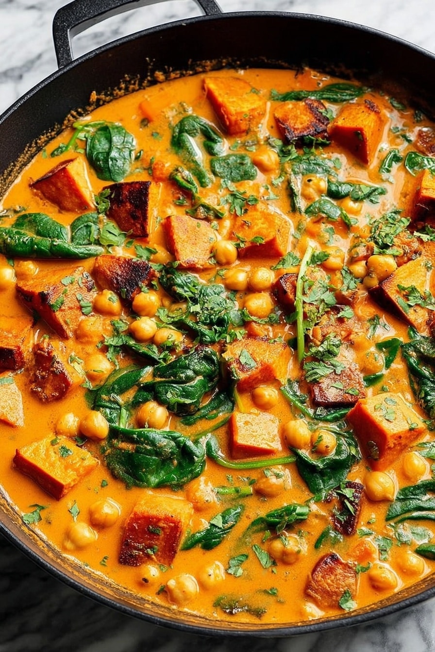 Butternut Squash Curry with Chickpeas, vegan butternut squash curry, healthy chickpea curry recipe, easy vegan curry, cozy comfort food - This image shows a black skillet filled with a rich orange stew that has several layers and textures. The base is a creamy orange sauce with a smooth texture. Floating in the sauce are medium-sized chunks of roasted sweet potatoes that have browned edges, scattered chickpeas, and fresh green spinach leaves. There are also small chopped green herbs sprinkled across the top for garnish. The skillet sits on a white marbled surface. photo taken with an iphone --ar 2:3 --v 7