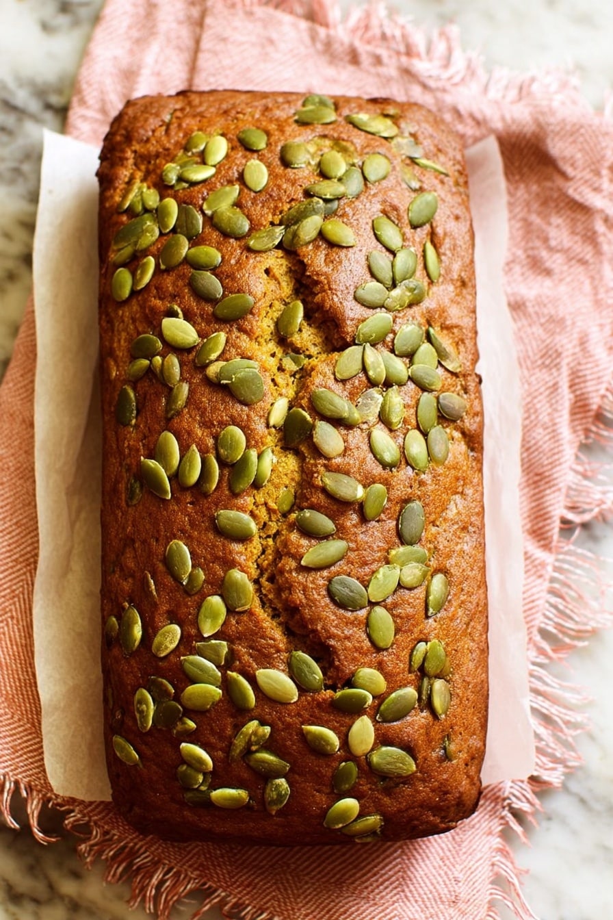 Vegan Pumpkin Bread, pumpkin bread without eggs, cozy fall pumpkin loaf, healthy vegan baking, autumn spice bread - A rectangular loaf with a golden-brown crust is topped with many green pumpkin seeds scattered unevenly across the surface. The bread shows a few cracks on top, giving it a rustic look. It sits on a white parchment paper over a light pink cloth with some fringe on the edges. The background is a white marbled texture. photo taken with an iphone --ar 2:3 --v 7