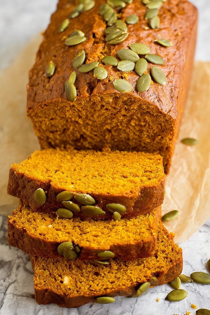Vegan Pumpkin Bread, pumpkin bread without eggs, cozy fall pumpkin loaf, healthy vegan baking, autumn spice bread - This image shows a loaf of pumpkin bread with a soft, moist texture and a warm orange color. The loaf is topped with scattered green pumpkin seeds that add texture and contrast to the brown crust. It is sliced, showing multiple thick layers of the orange bread inside with some seeds along the edges. The bread sits on a light parchment paper with a few scattered seeds around it, and the whole scene is set against a white marbled surface. photo taken with an iphone --ar 2:3 --v 7