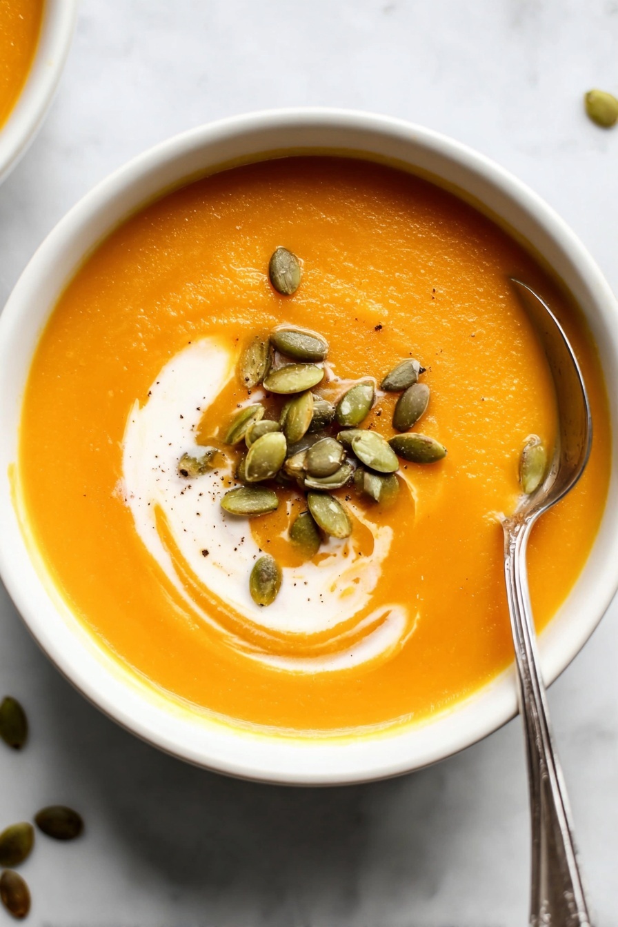 Vegan Butternut Squash Soup, vegan squash soup, healthy butternut squash soup, cozy vegan soup, easy vegan soup recipes - A smooth orange soup fills a white bowl placed on a white marbled surface, topped with green pumpkin seeds arranged in a small pile on one side. A swirl of white cream creates a soft spiral pattern on the soup's surface near the seeds. A silver spoon rests inside the bowl on the right side, its handle extending outwards. Photo taken with an iphone --ar 2:3 --v 7
