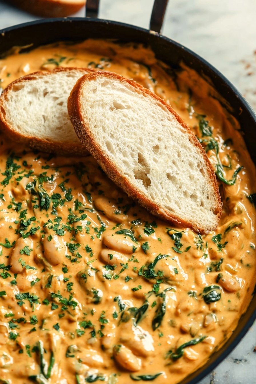 Creamy Sun-Dried Tomato Butter Beans with Basil and Spinach, vegetarian creamy bean dish with sun-dried tomatoes, healthy butter beans recipe with basil, quick vegetarian dinner, easy plant-based meal - The image shows a deep white pan filled with a thick, creamy sauce that is light orange in color, mixed with small white beans and fresh green herbs scattered throughout. The sauce has a smooth texture with visible swirls and chunks of greens, giving it a hearty look. Two slices of rustic white bread with a crusty edge and airy texture are placed on top of the sauce, partially dipped into it. The pan is set against a white marbled surface as background. Photo taken with an iphone --ar 2:3 --v 7