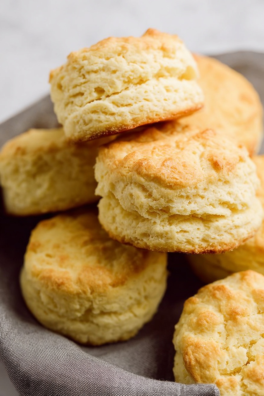 Southern-Style Vegan Buttermilk Biscuits, vegan biscuit recipe, flaky vegan biscuits, dairy-free biscuits, plant-based Southern biscuits - The image shows a close-up of several round biscuits placed close together on a soft gray cloth. Each biscuit has three visible layers with a light golden-brown color on top and a pale yellowish inside. The biscuits have a rough and crumbly texture with small cracks and uneven edges. They look soft and fresh, with a slight shine on the top layer. The background is a white marbled surface. photo taken with an iphone --ar 2:3 --v 7