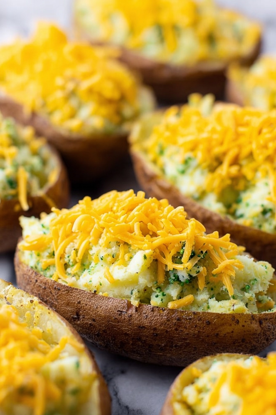 Vegan Cheesy Broccoli Twice Baked Potatoes, vegan loaded baked potatoes, dairy-free cheesy potatoes, healthy vegan stuffed potatoes, vegan comfort foods - The image shows multiple potato skins filled with a creamy mixture that looks like mashed potatoes with small green bits, likely broccoli, mixed in. Each potato skin is topped with bright orange shredded cheddar cheese, spread evenly over the filling. The potato skins have a brown, slightly rough outer layer, and the filling is light yellow with visible green flecks. The filled skins are close together and placed on a surface with a white marbled texture. The focus is on the front potato skin, with several others blurred in the background, creating depth in the image. The lighting is bright, making the colors vivid. Photo taken with an iphone --ar 2:3 --v 7