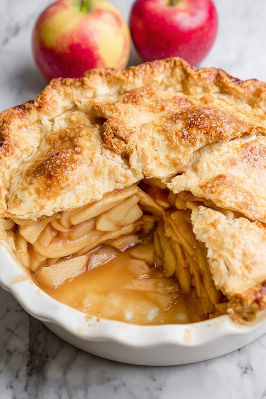 Perfect Vegan Apple Pie, vegan apple pie recipe, plant-based apple pie, homemade vegan dessert, dairy-free apple pie - A white pie dish holds an apple pie with a golden brown, slightly rough textured crust sprinkled with coarse sugar on top, cut open to reveal a layer of soft, thinly sliced apples inside, surrounded by thick apple juice creating a glossy, light brown pool at the bottom. The white marbled surface under the dish has two red and yellow apples resting beside it, adding a fresh look. photo taken with an iphone --ar 2:3 --v 7