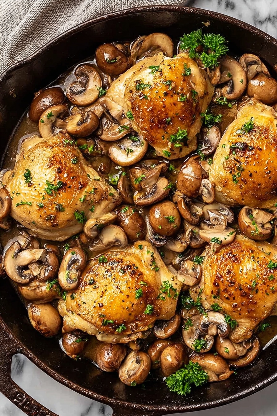 Classic Chicken Marsala, Chicken Marsala recipe, easy Chicken Marsala, flavorful chicken dishes, quick Italian chicken - A black cast iron pan filled with four golden-brown cooked chicken pieces on top, each topped with thin, light brown mushroom slices scattered across and around them. The mushrooms have a soft, cooked texture with a few fresh green parsley sprigs sprinkled evenly over the dish. The pan sits on a white marbled surface with a white dish towel featuring black dotted stripes partially underneath. In the background, some fresh whole mushrooms and green herbs are visible. Photo taken with an iphone --ar 2:3 --v 7