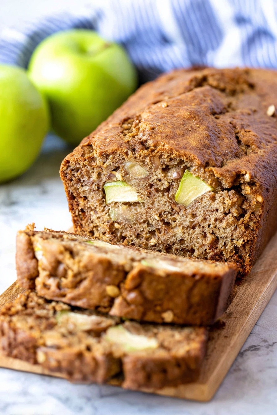 Moist Cinnamon Apple Bread, apple cinnamon loaf, fall breakfast bread, moist apple bread recipe, cinnamon apple cake - A loaf of brown apple bread with a textured crust sits on a wooden board over a white marbled surface. The bread is sliced, showing two thick slices in front of the loaf with visible small chunks of light green apple inside. Behind the bread are shiny green apples slightly out of focus, and a blue and white striped cloth in the background adds soft detail. The bread's crust looks slightly rough with small cracks, and the inside is dense but soft with apple pieces spread throughout. photo taken with an iphone --ar 2:3 --v 7