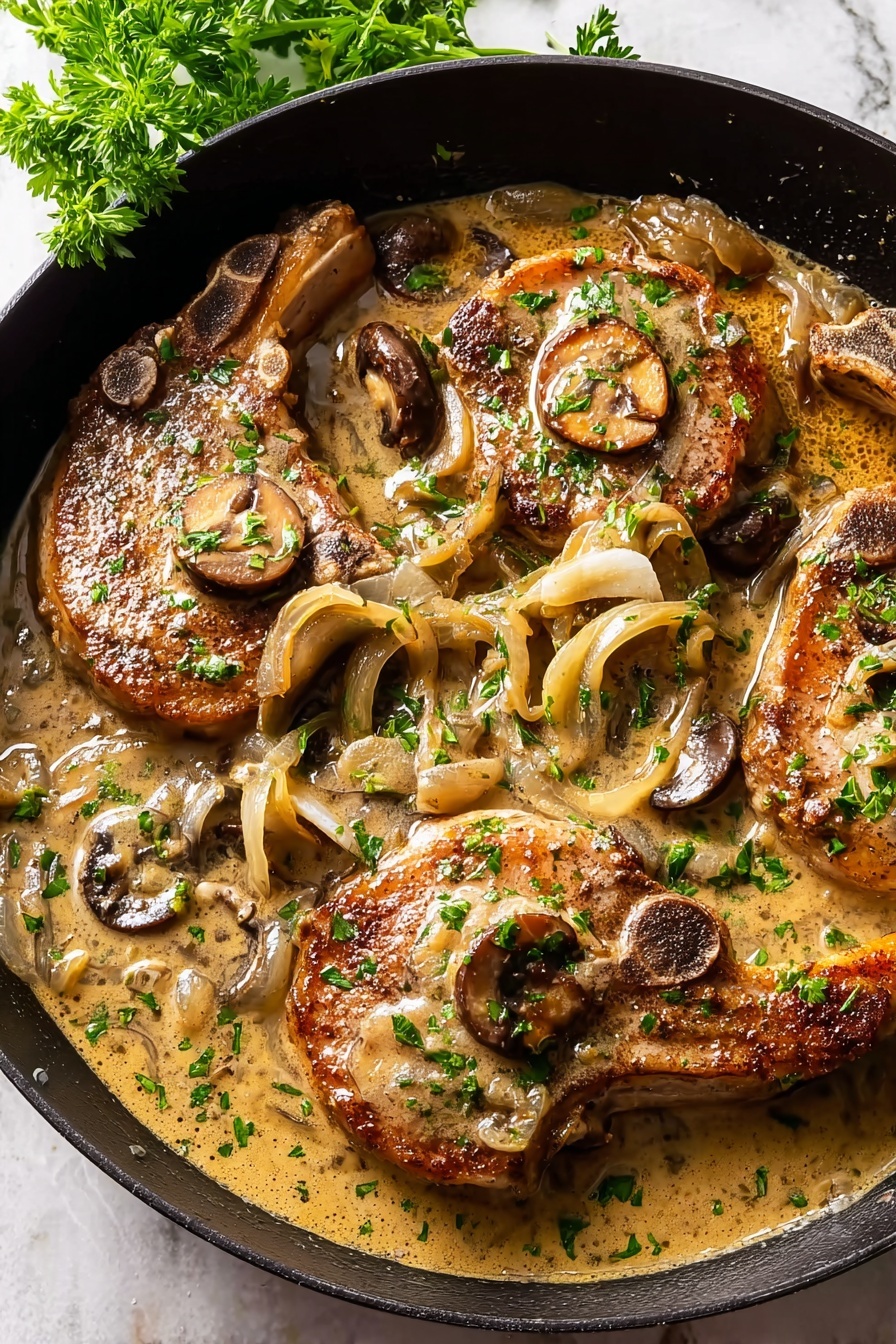 Easy Smothered Pork Chops, delicious pork chop dinner, comforting pork chop recipe, tender pork chops with gravy, simple pork chop meal - A black pan filled with four cooked pork chops, each with a browned and slightly crispy surface, partially covered by a creamy light brown sauce. On top and around the chops are light-colored cooked onion strips and small brown mushroom slices. The dish is sprinkled with small pieces of bright green chopped herbs. The pan is set on a white marbled surface with a sprig of fresh green parsley in the background. Photo taken with an iphone --ar 2:3 --v 7