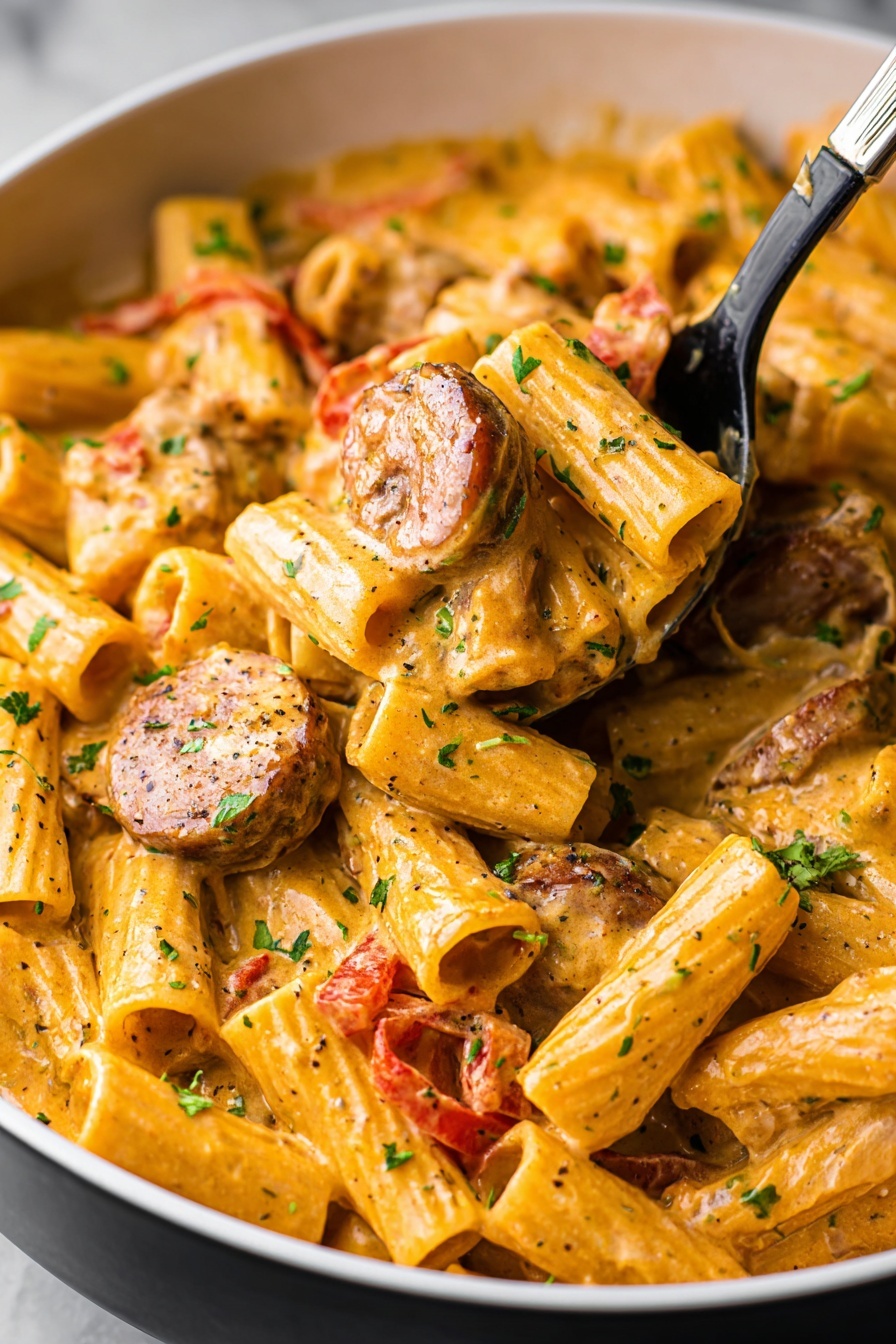 One Pot Creamy Cajun Sausage Pasta, Cajun sausage pasta, creamy Cajun pasta recipe, easy Cajun sausage dinner, one pot pasta recipes - The image shows a close-up of a large white bowl filled with creamy rigatoni pasta mixed with slices of browned sausage and small pieces of red bell pepper. The sauce is smooth and orange, coating each piece of pasta evenly. The dish is sprinkled with green herbs and black pepper, adding specks of color on top. A black serving spoon with a silver handle scoops some pasta from the bowl, holding a few rigatoni pieces, sausage slices, and red pepper in the center. The background is a white marbled texture. photo taken with an iphone --ar 2:3 --v 7