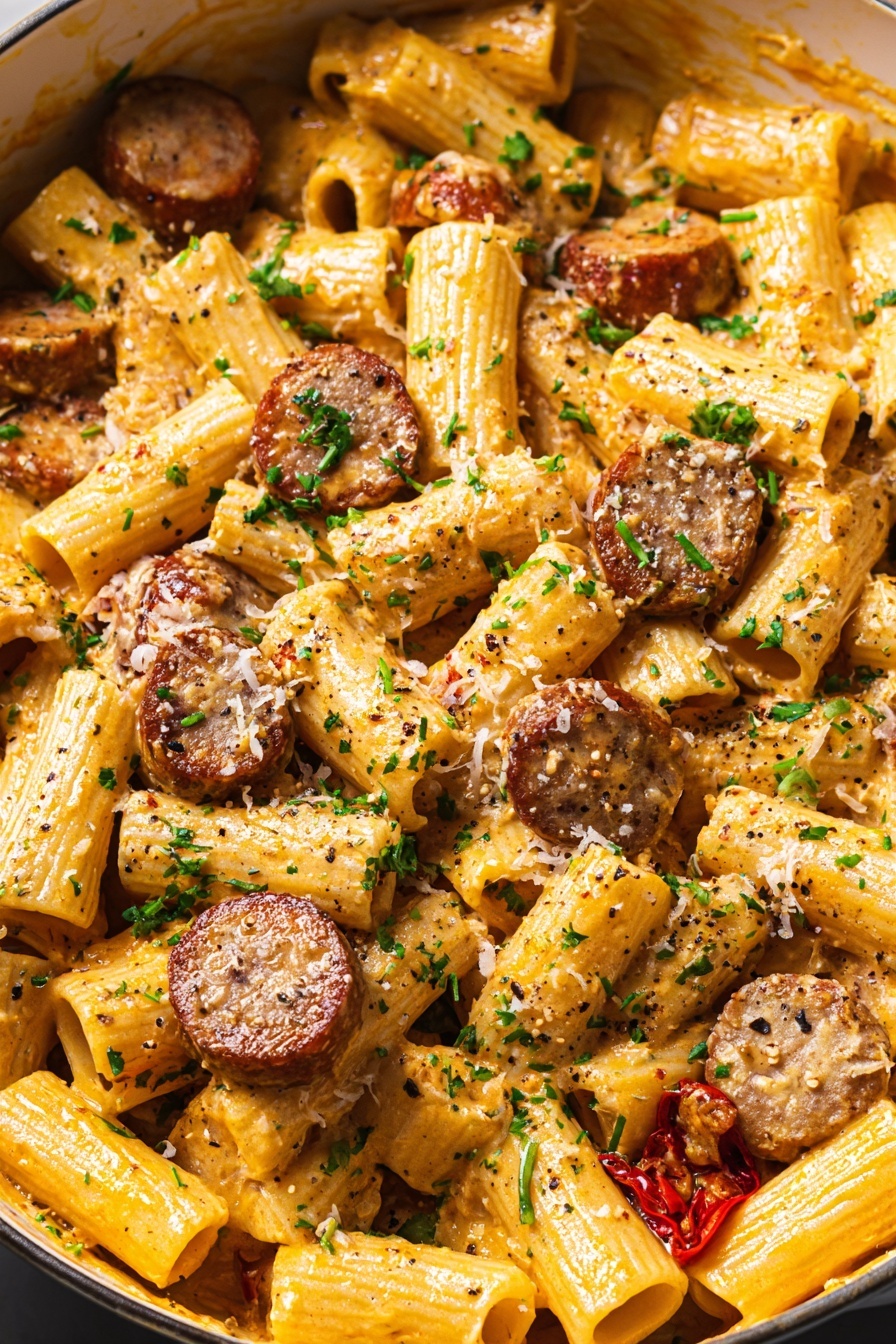 One Pot Creamy Cajun Sausage Pasta, Cajun sausage pasta, creamy Cajun pasta recipe, easy Cajun sausage dinner, one pot pasta recipes - The image shows a close-up view of rigatoni pasta mixed with creamy orange sauce and sliced browned sausage pieces scattered throughout. The pasta tubes are coated well with sauce and sprinkled with finely chopped green herbs and black pepper flakes, adding a contrast of green and dark spots on the yellow pasta. The sausage slices have a browned, slightly crispy texture with a rich, cooked meat color. There are small bits of red, likely roasted red peppers or tomatoes, adding another layer of color and texture to the dish. The pasta is in a white pot with part of the white marbled surface visible around the pot edge. photo taken with an iphone --ar 2:3 --v 7
